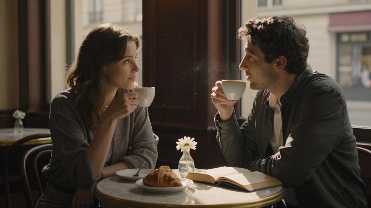 A woman and man share coffee in a quiet Parisian café, sunlight streaming through curtains.