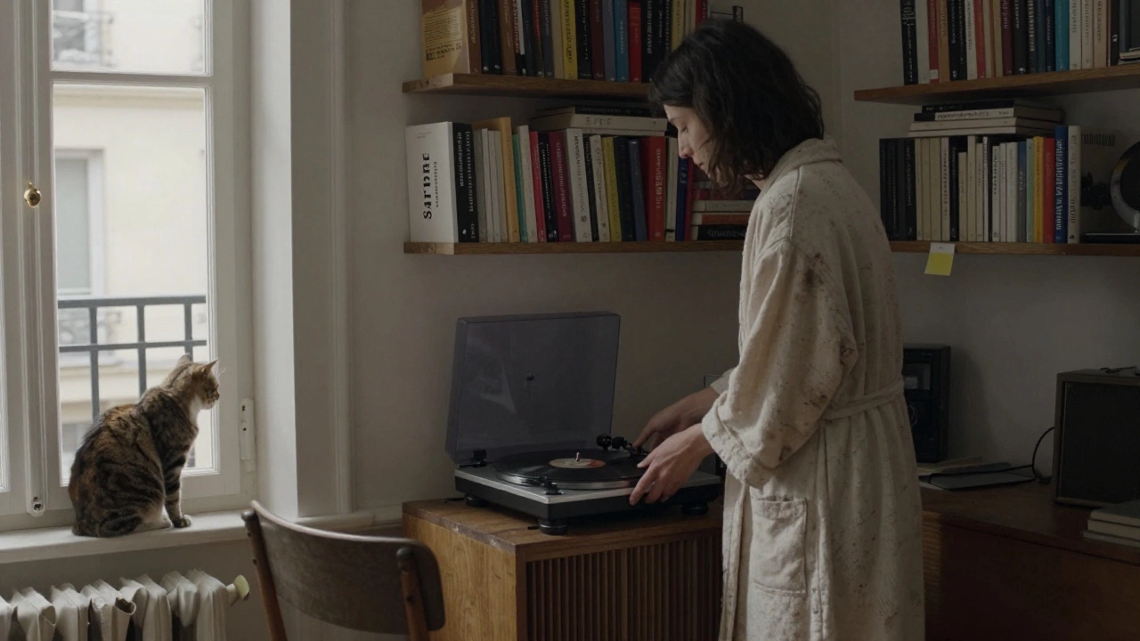 A woman in a robe plays jazz vinyl in her modest apartment, cat resting on the windowsill.