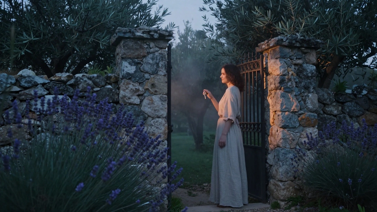 A woman stands by a stone garden gate at dusk, holding a key, lavender and olive trees surrounding her in soft twilight.