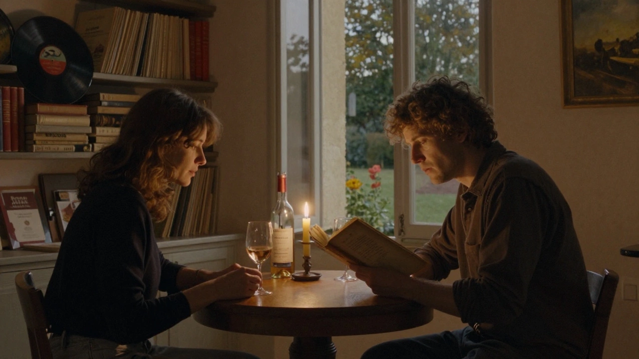 Two figures share a quiet moment at a wooden table with wine and a book of poetry, candlelight illuminating their faces.